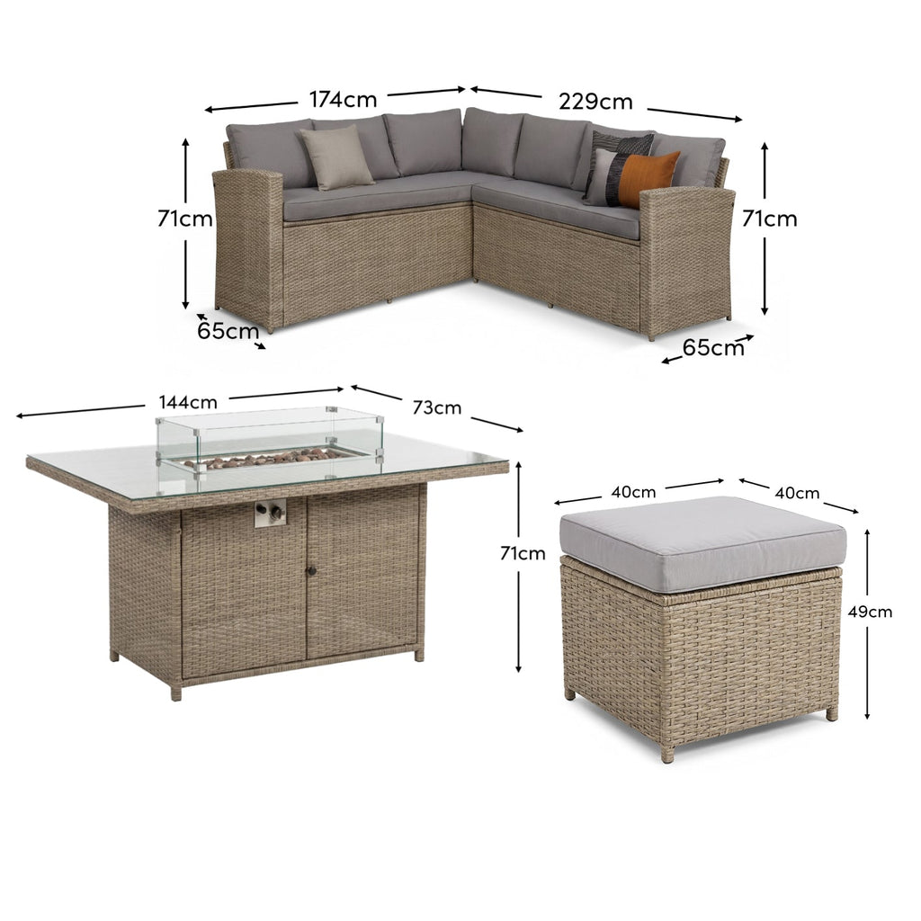 Aston 9 Seater Rattan Garden Corner Sofa Set with Fire Pit - Light Grey Weave