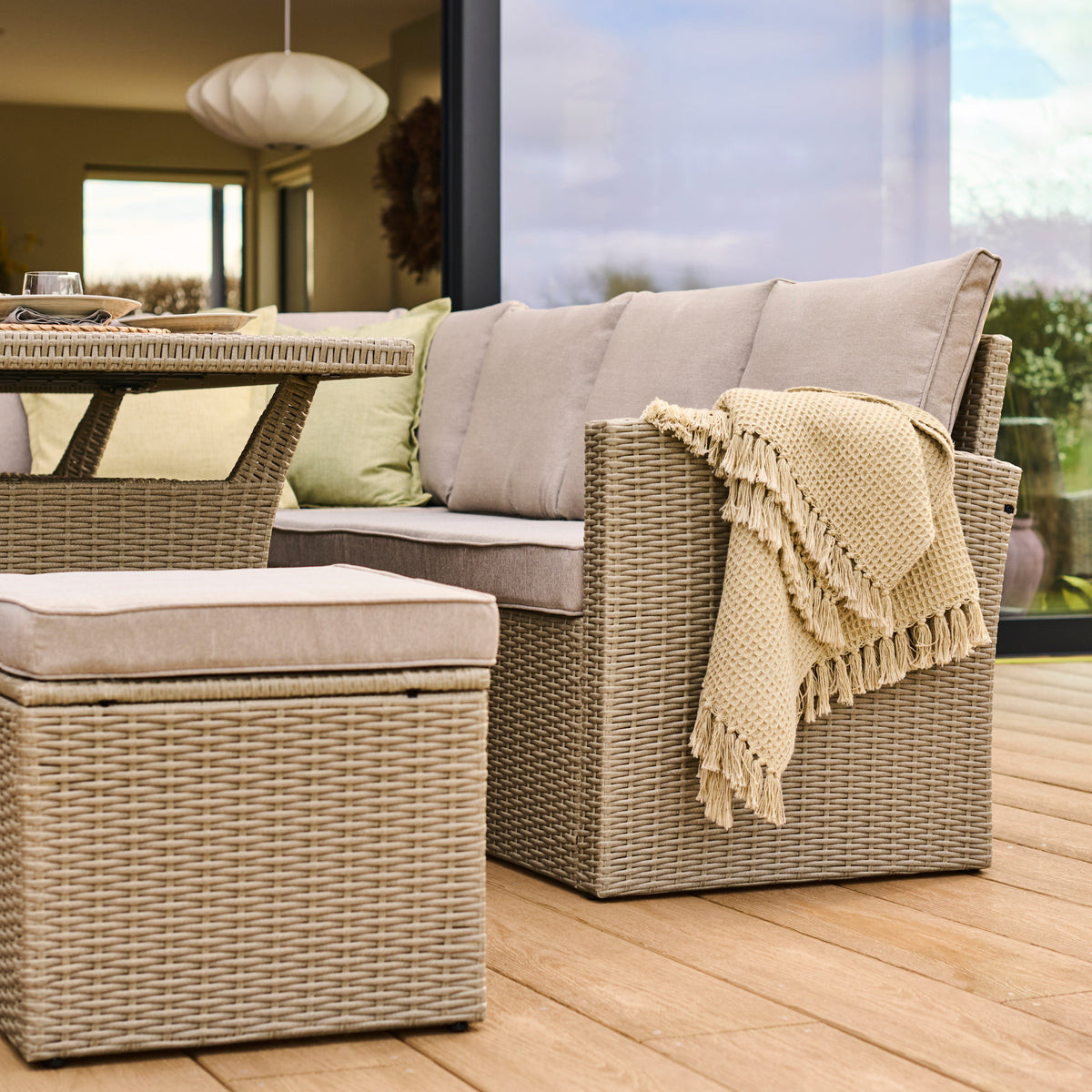 Aston 9 Seater Rattan Garden Corner Dining Set - Light Grey with Polywood Top