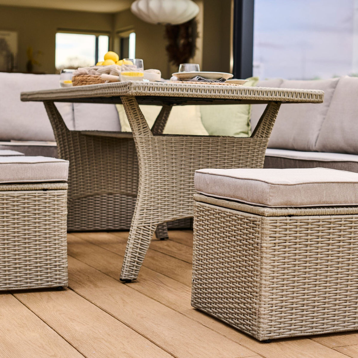 Aston 9 Seater Rattan Garden Corner Dining Set - Light Grey with Polywood Top