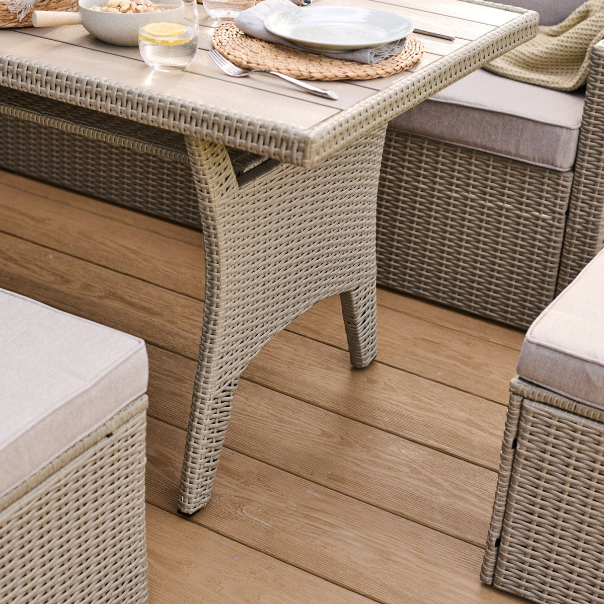 Aston 9 Seater Rattan Garden Corner Dining Set - Light Grey with Polywood Top