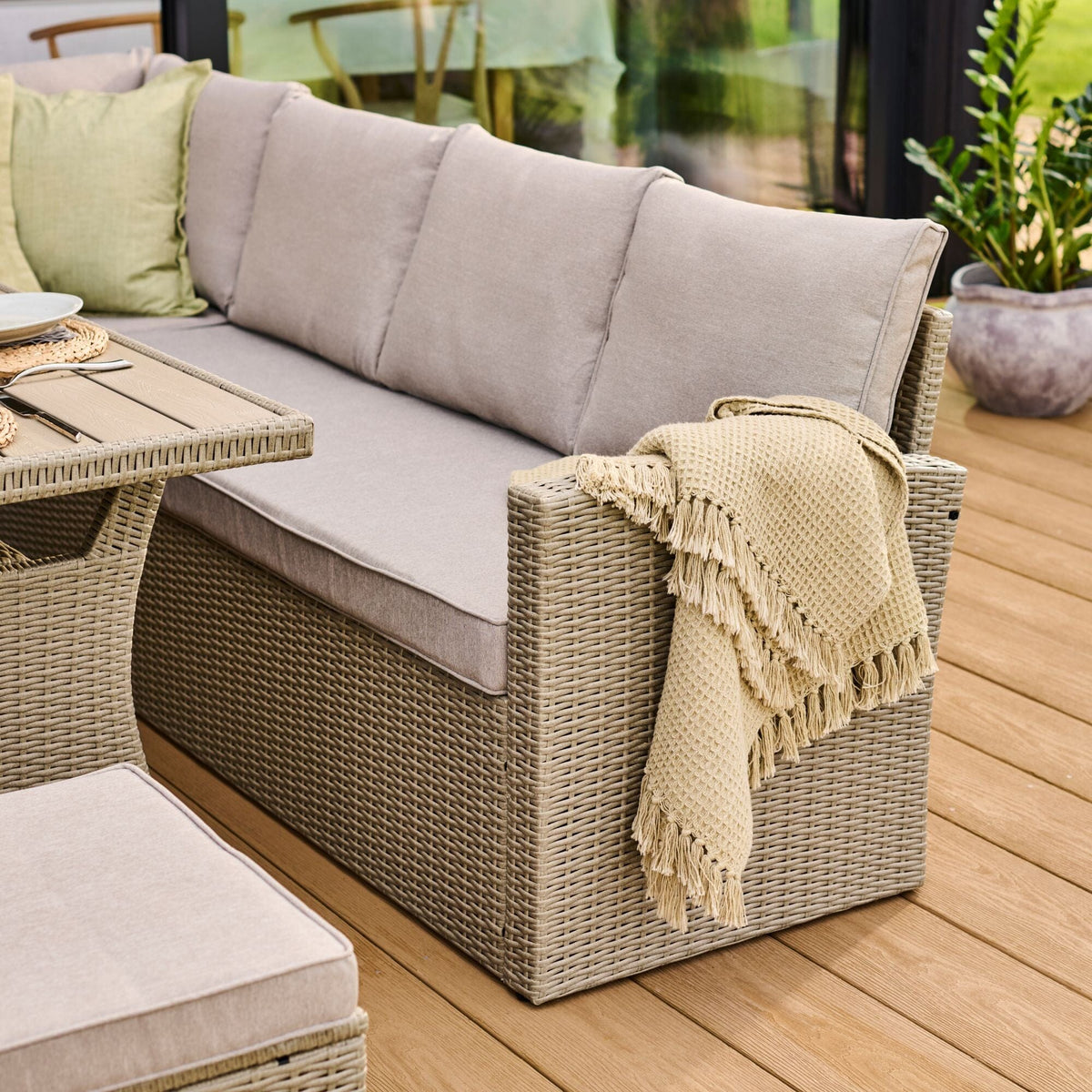 Aston 9 Seater Rattan Garden Corner Dining Set - Light Grey with Polywood Top