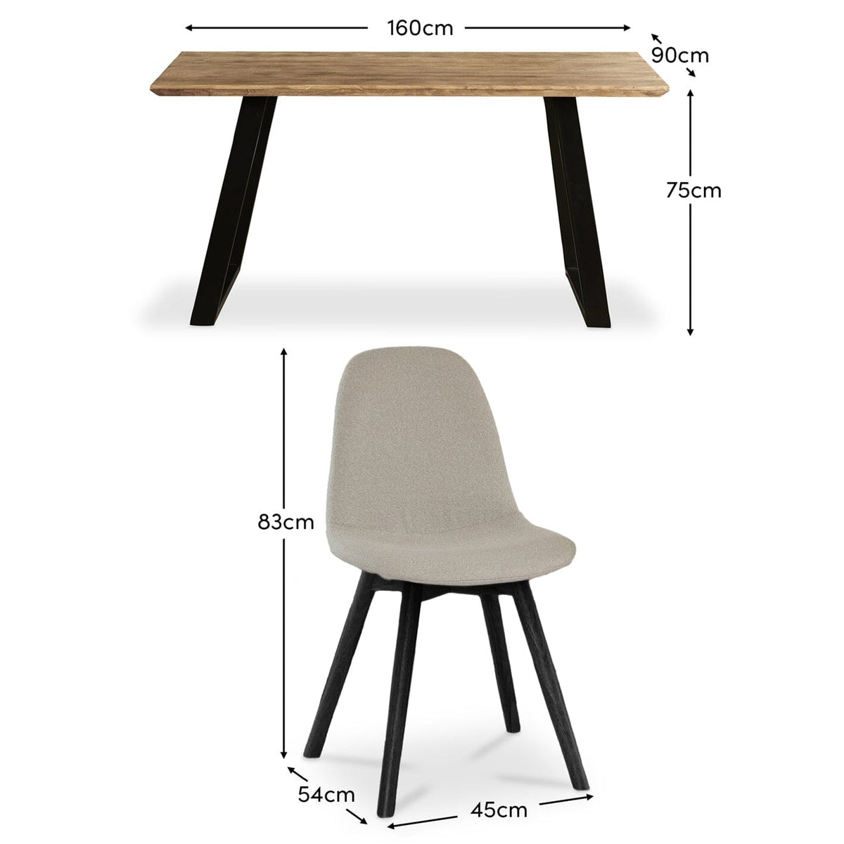 Atlas Chalked Mango Wood Dining Table Set -  6 Seater - Ellis Light Beige Boucle Dining Chairs - Black Oak Legs