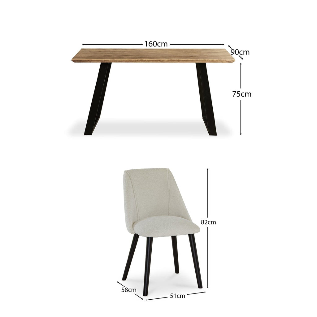 Atlas Chalked Mango Wood Dining Table Set -  6 Seater - Freya Ecru Boucle Dining Chairs - Black Oak Legs