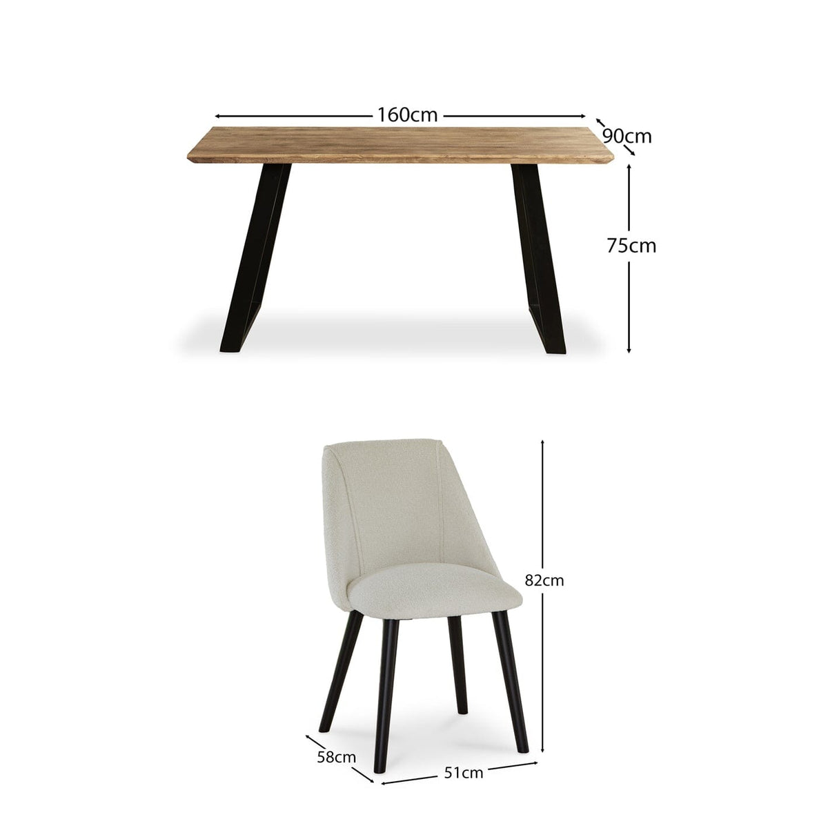 Atlas Chalked Mango Wood Dining Table Set -  6 Seater - Freya Ecru Boucle Dining Chairs - Black Oak Legs