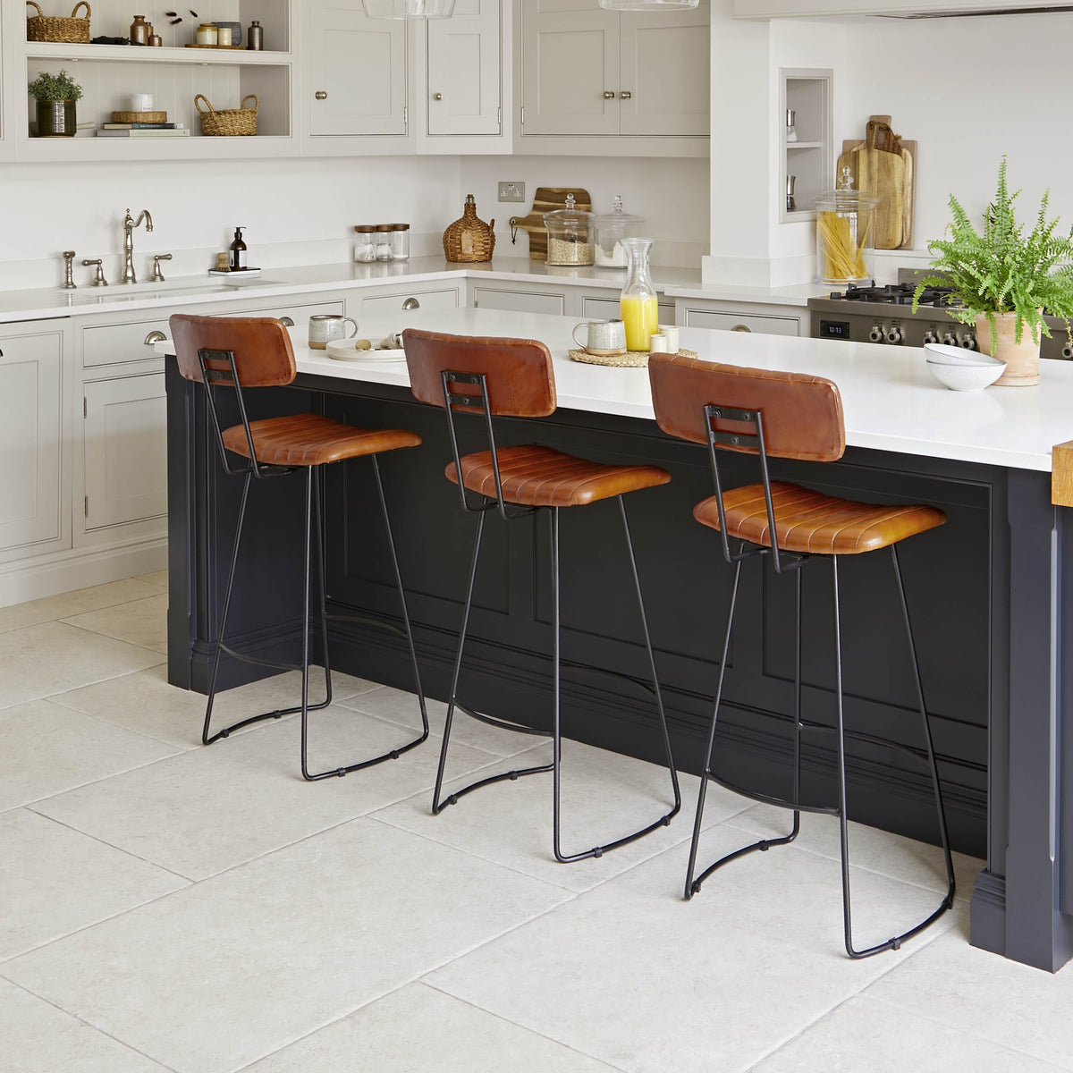OUTLET - Jayden Tan Leather Bar Stool - Set of 2 - Black Metal Legs
