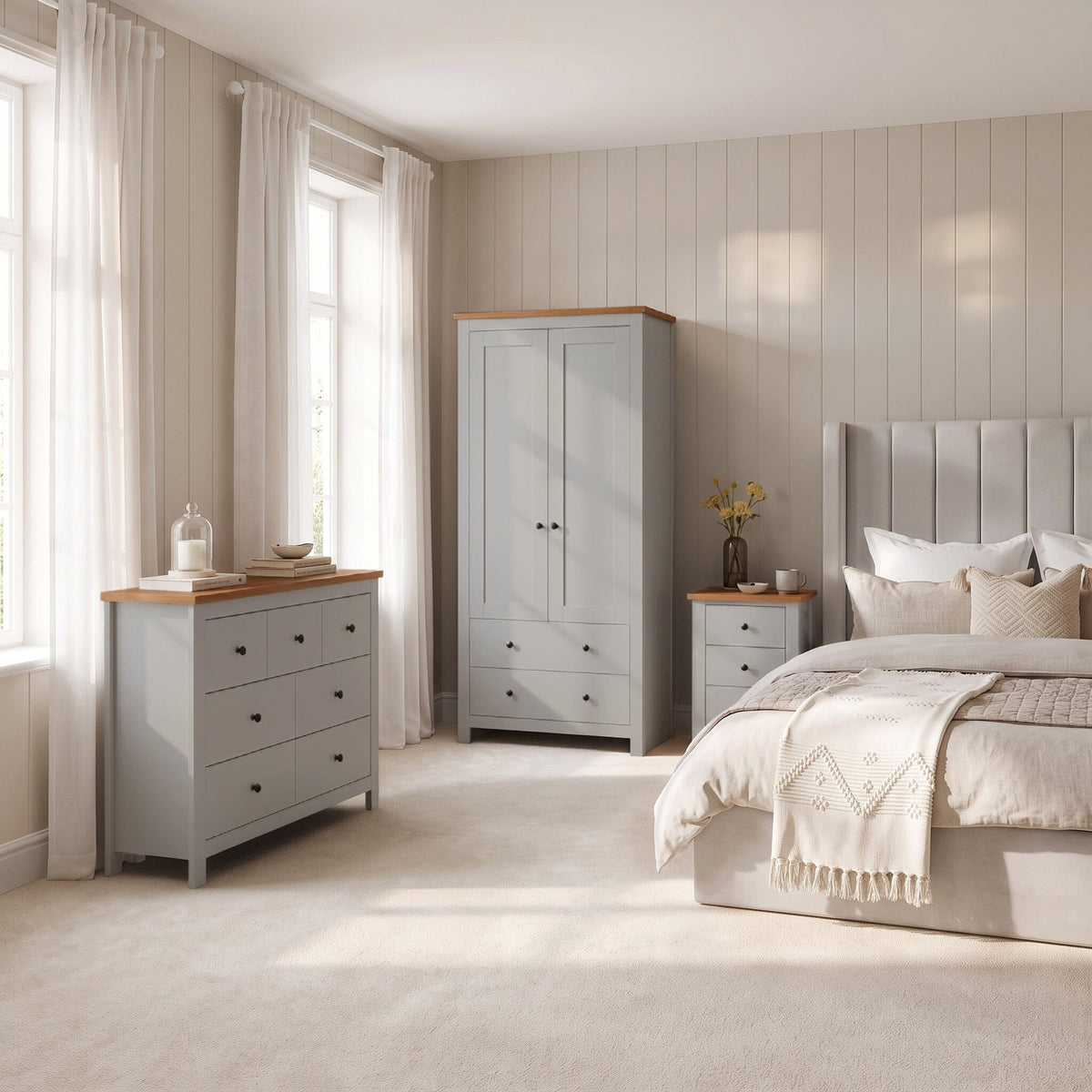 Bampton 3 Piece Bedroom Set - 3 Over 4 Chest of Drawers - Stone Grey