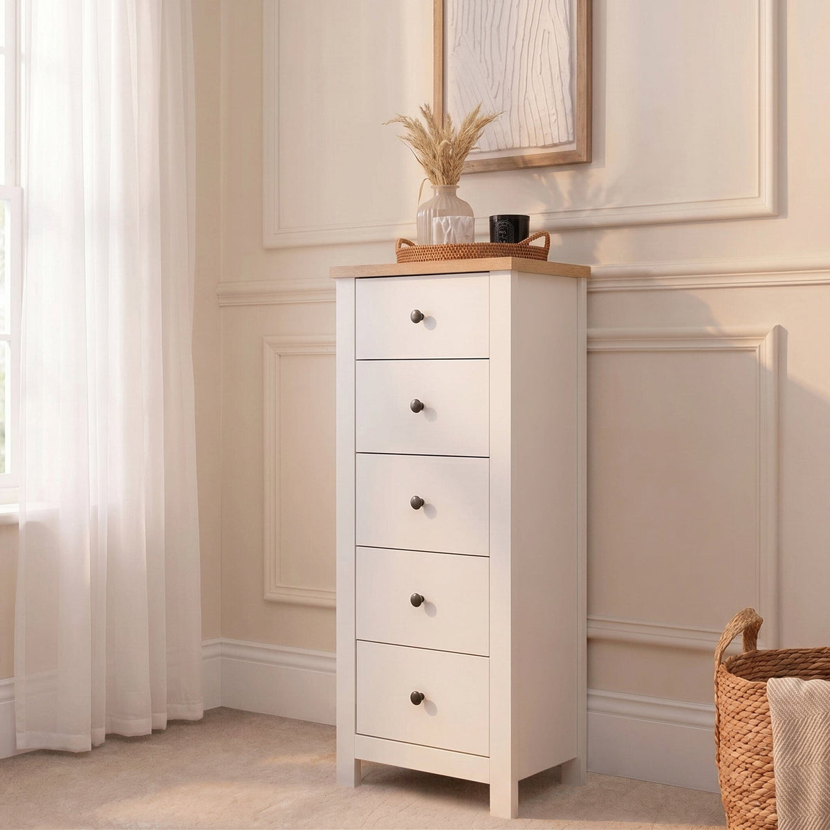 Bampton 5 Drawer Tallboy - Alabaster White