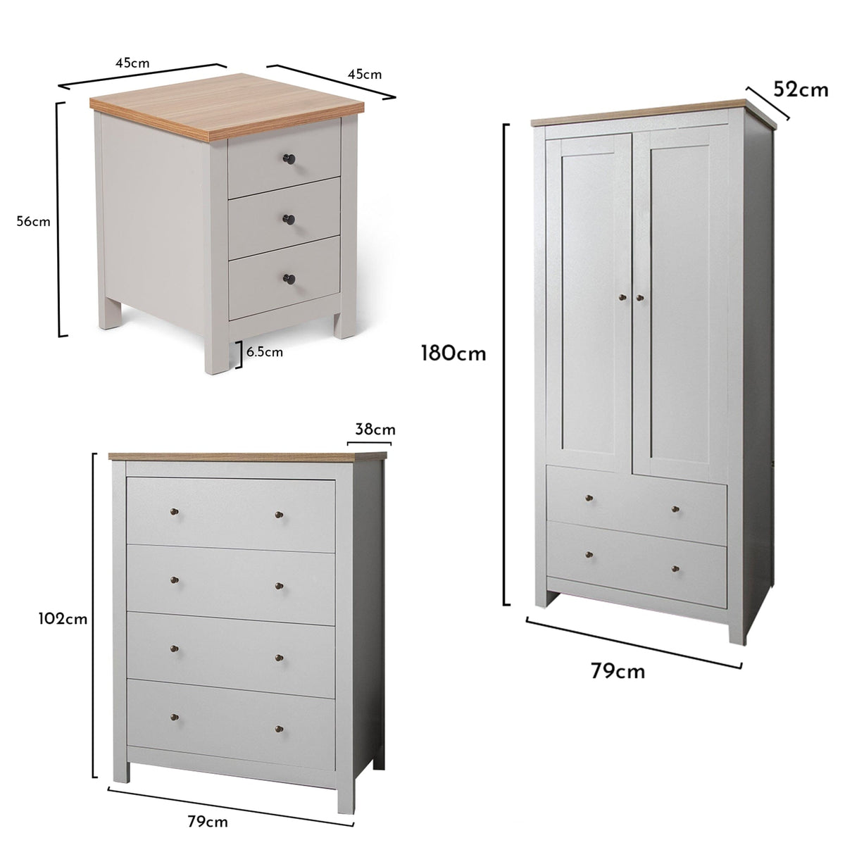 Bampton 3 Piece Bedroom Set - Chest of 4 Drawers - Stone Grey