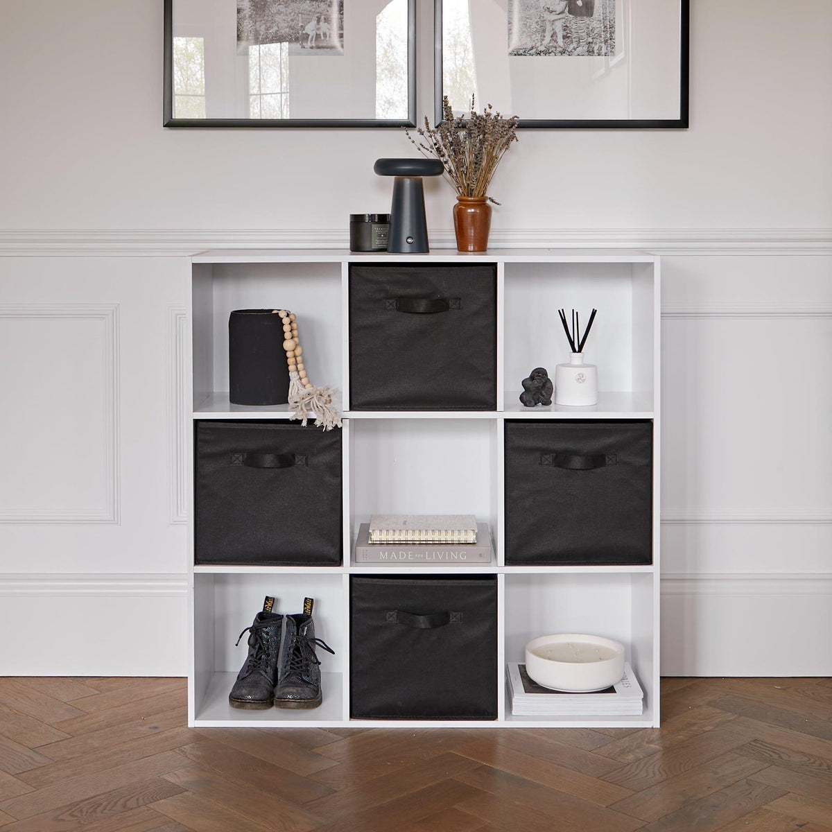 Cara 9 Cube Storage Unit - Chalk White Bookcase with Black Boxes