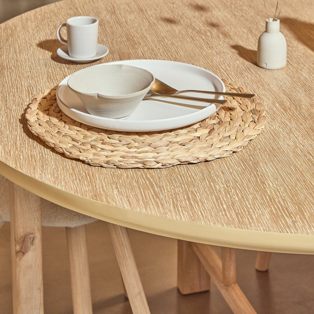 Carter Whitewash Round Dining Table with 4 Freya Boucle Dining Chairs with Whitewash Legs