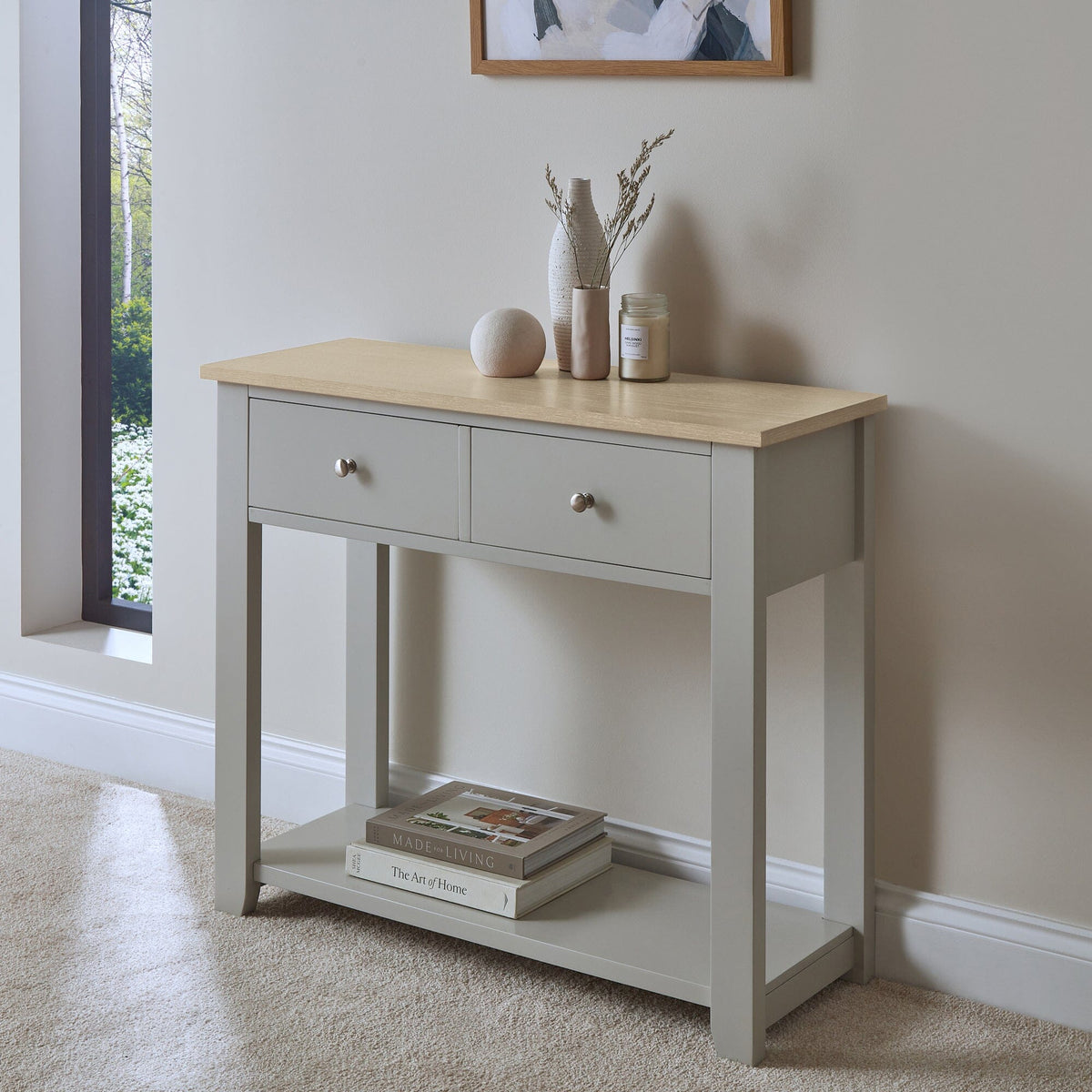 OUTLET - Chatsworth Linen Grey 2 Drawer Console Table - 90cm