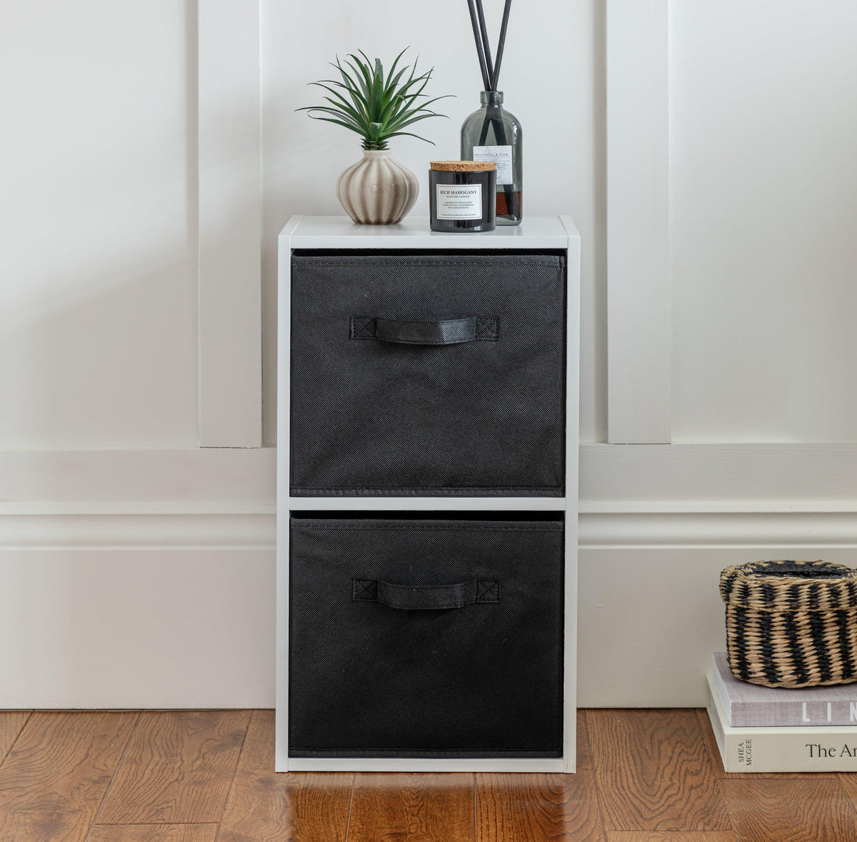 Cara 2 Tier Storage Unit / Chalk White Bookcase with Black Boxes