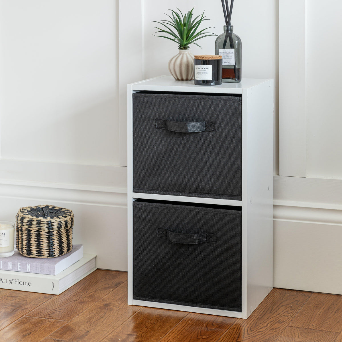 Cara 2 Tier Storage Unit / Chalk White Bookcase with Black Boxes