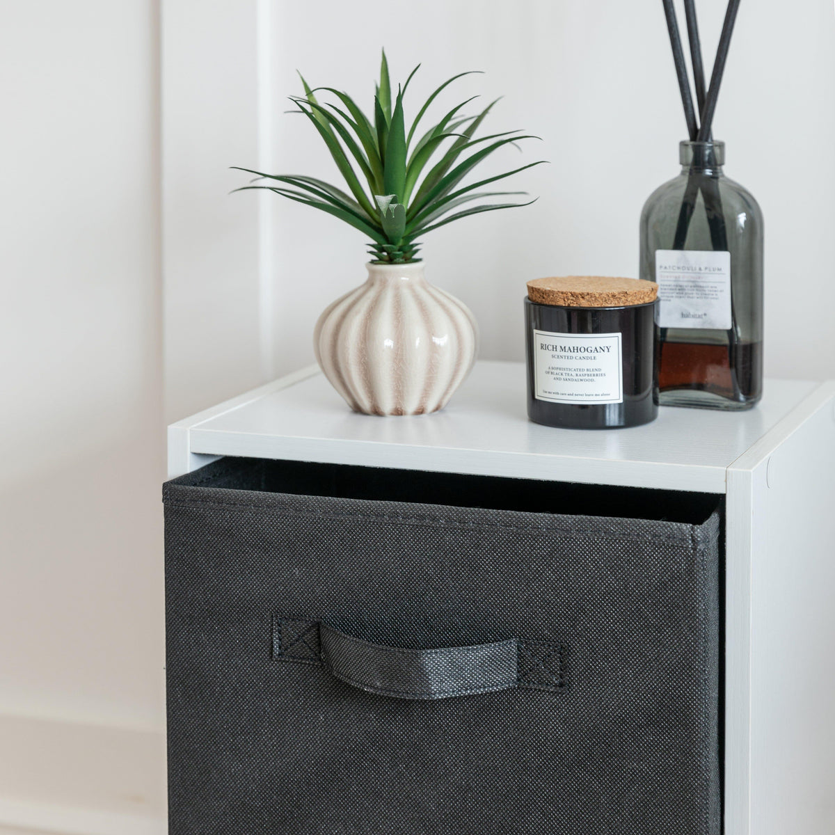 Cara 2 Tier Storage Unit / Chalk White Bookcase with Black Boxes