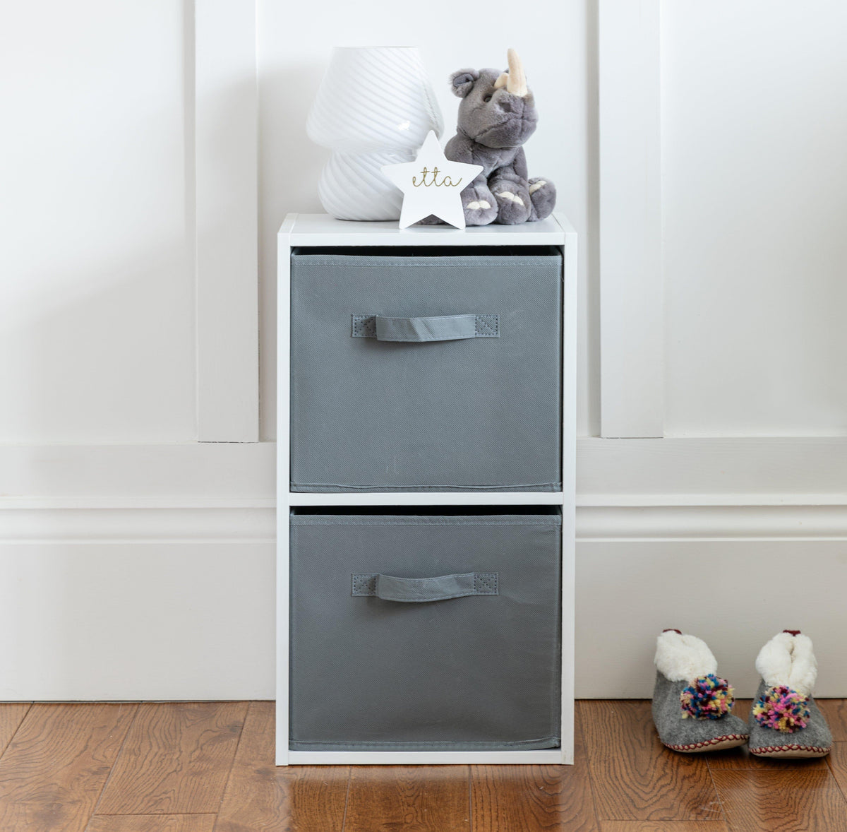 Cara 2 Tier Storage Unit / Chalk White Bookcase with Grey Boxes