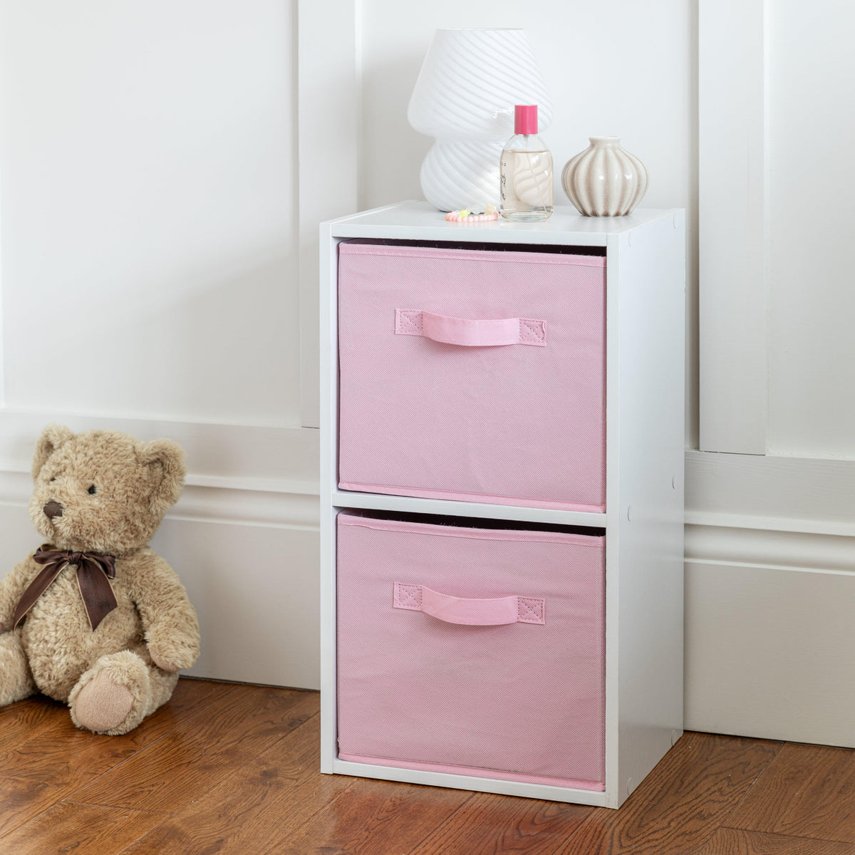 Cara 2 Tier Storage Unit / Chalk White Bookcase with Pink Boxes