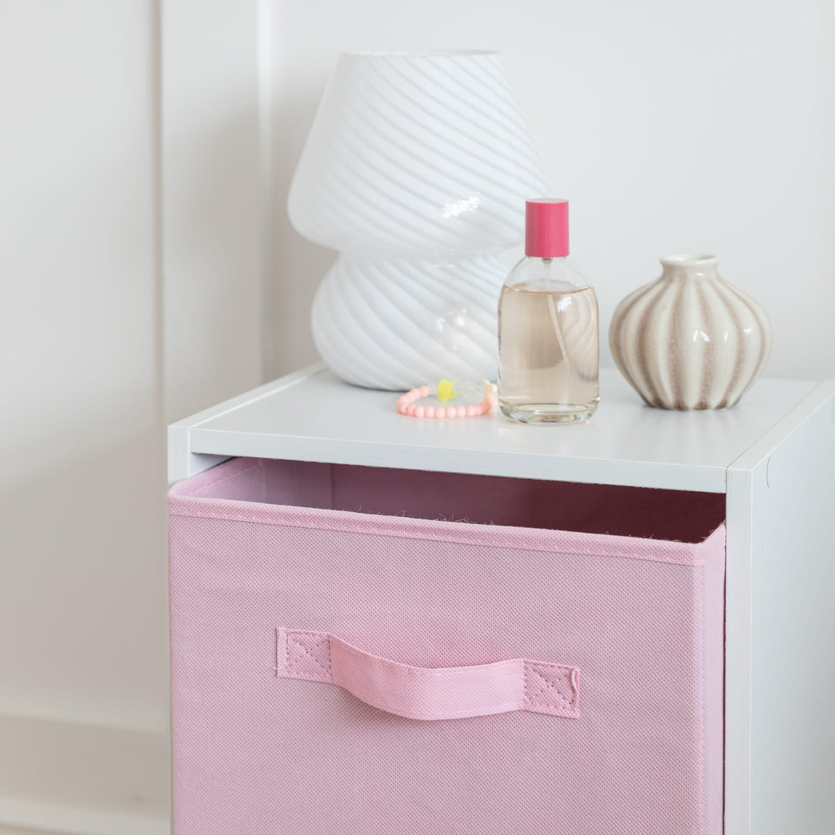 Cara 2 Tier Storage Unit / Chalk White Bookcase with Pink Boxes