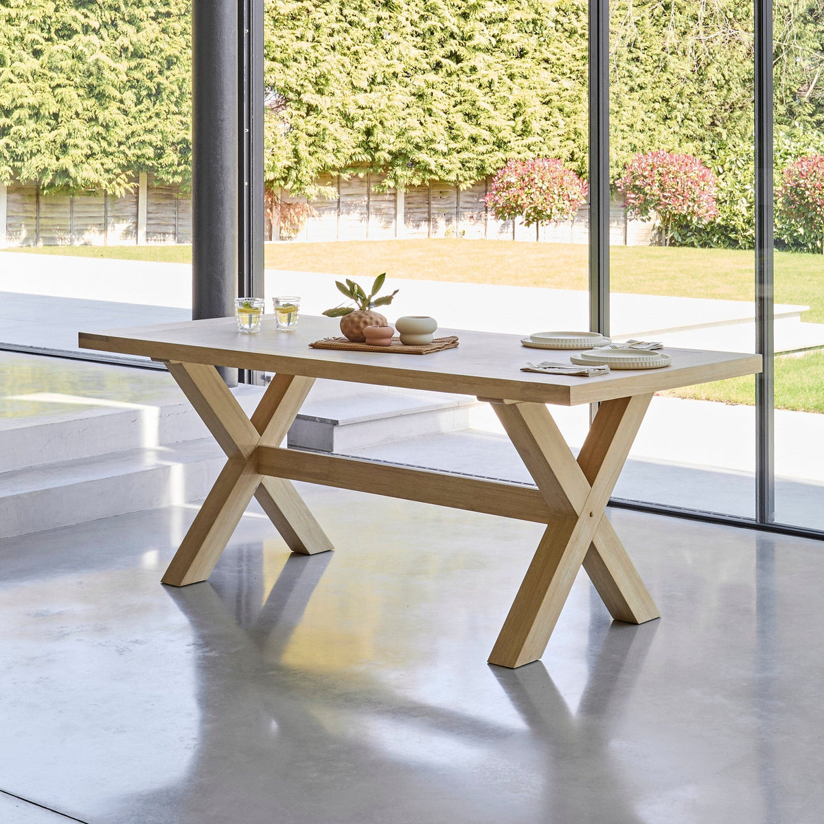 Charlotte Whitewash Dining Table Set - 6 Seater - Freya Sand Dining Chairs & Charlotte Bench