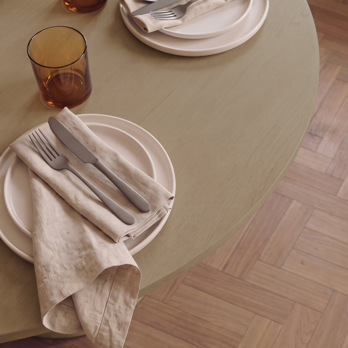 Adam 135cm Almond Brown Round Dining Table Set - 4 Seater - Archer Soft Beige Dining Chairs - Almond Brown Legs