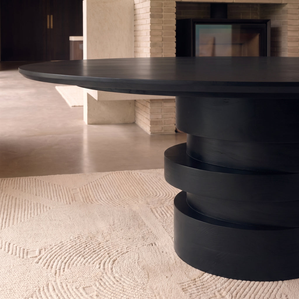 Adam 240cm Jet Black Mango Wood Oval Dining Table Set - 8 Seater - Parker Snow White Boucle Office Chairs - Black Metal Legs