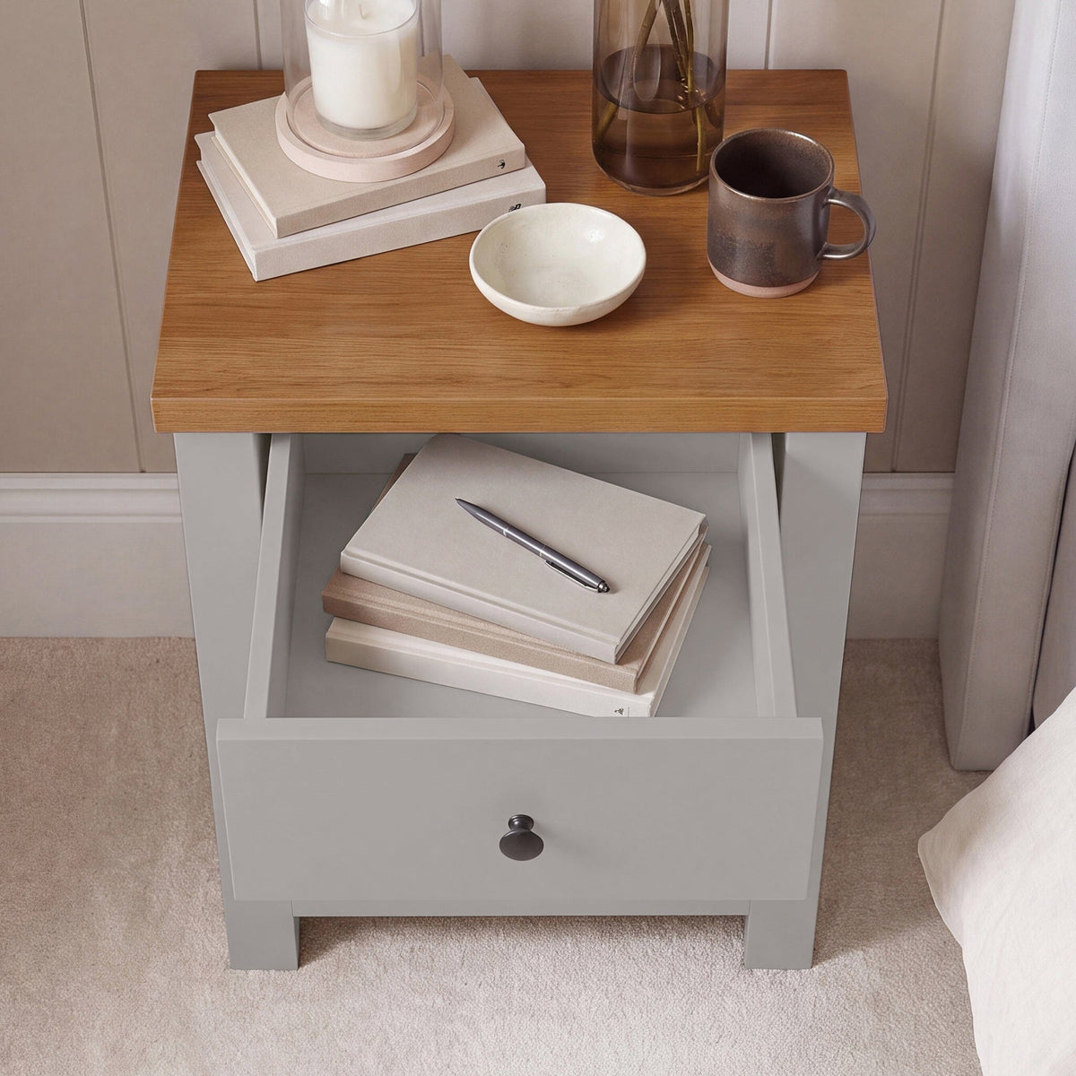 Bampton 3 Drawer Bedside Table - Stone Grey