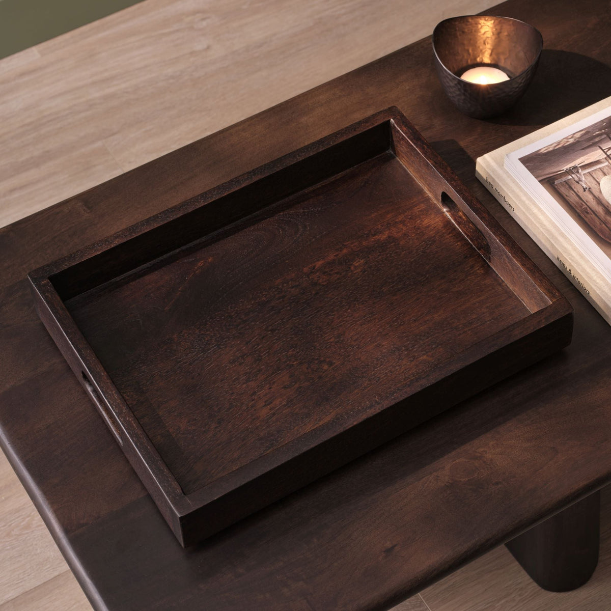 Alder 40cm Rectangular Wooden Tray - Coffee Brown