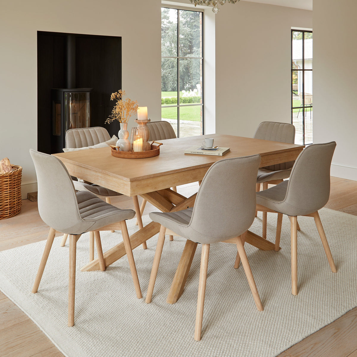 Amelia Whitewash Extending Dining Table Set - 6 Seater - Bella Soft Beige Dining Chairs - Whitewash Legs