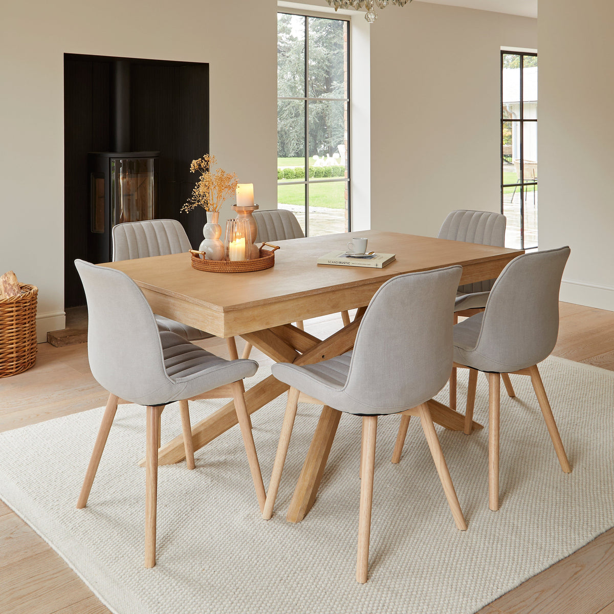 Amelia Whitewash Extending Dining Table Set - 6 Seater - Bella Cloud Grey Dining Chairs - Whitewash Legs