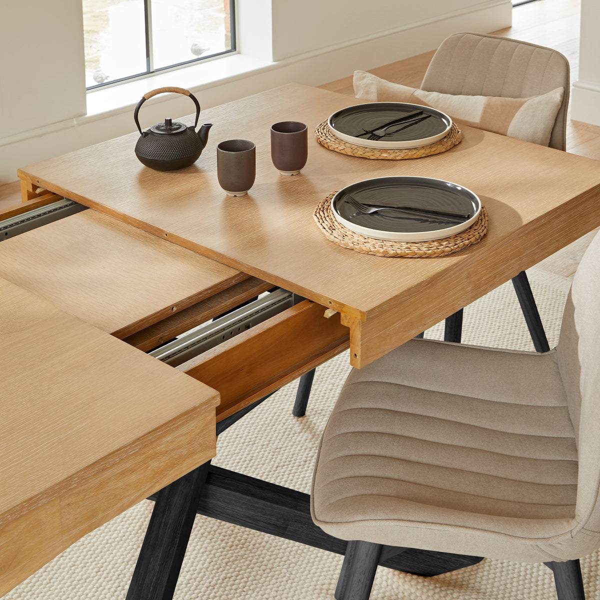 Amelia Whitewash Extendable Dining Table Set - 6 Seater - Bella Soft Beige Dining Chairs - Black Legs