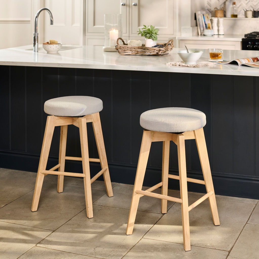 Digby Fawn Linen Swivel Backless Bar Stools - Set of 2 - Whitewash Oak Legs