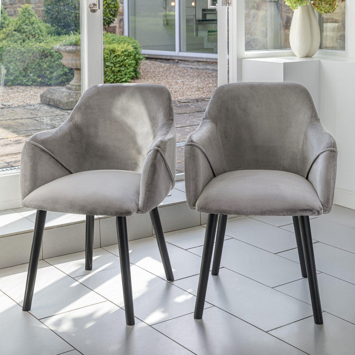Amelia Whitewash Extendable Dining Table Set - 6 Seater - Freya Grey Carver Chairs - Black Legs