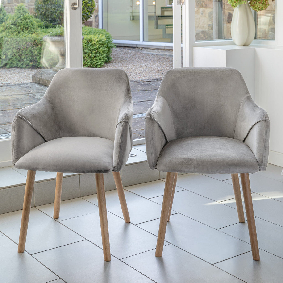 Freya Grey Velvet Armchairs - Set of 2 - Whitewash Oak Legs