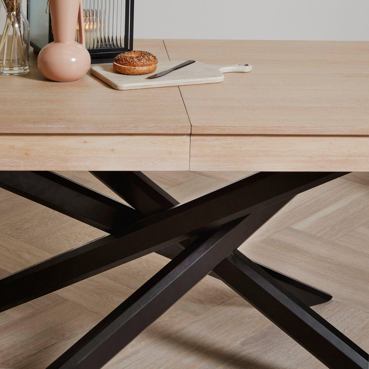 Amelia Whitewash Extendable Dining Table Set - 6 Seater - Ella Pale Oak Armchairs