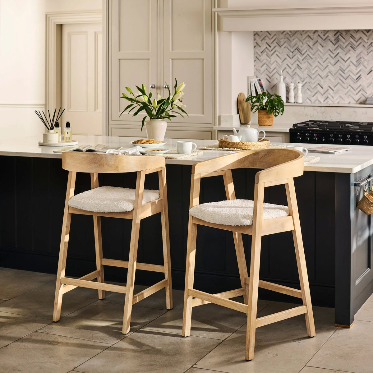 Ella Off White Boucle Bar Stool - Whitewash Oak Legs