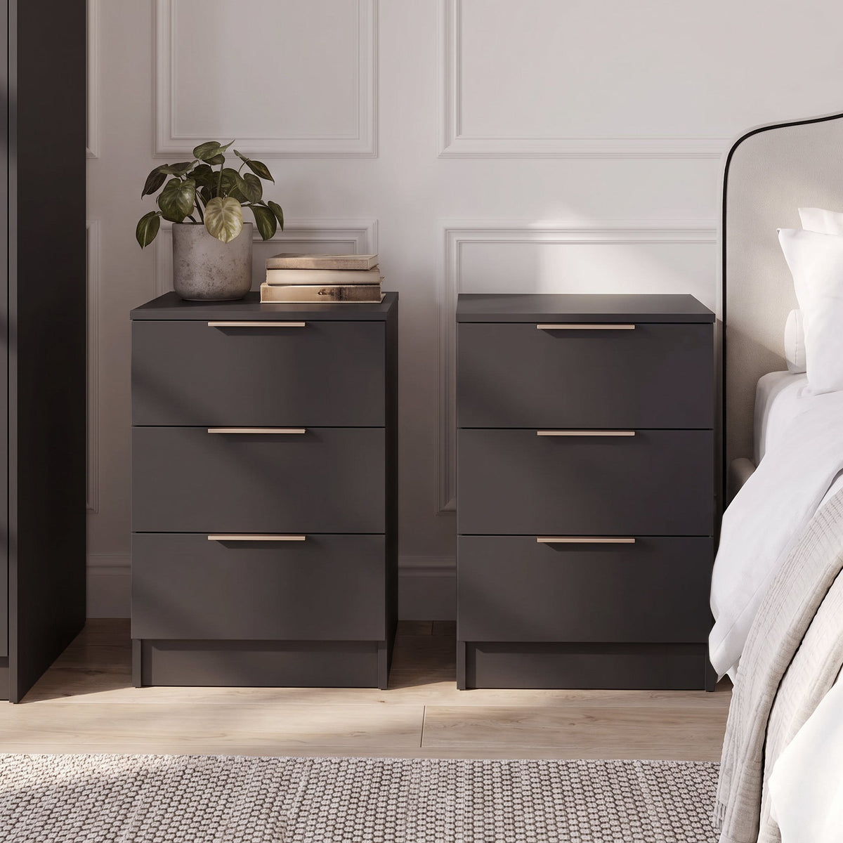 Essie 3 Drawer Bedside Table - Pitch Black - Set of 2