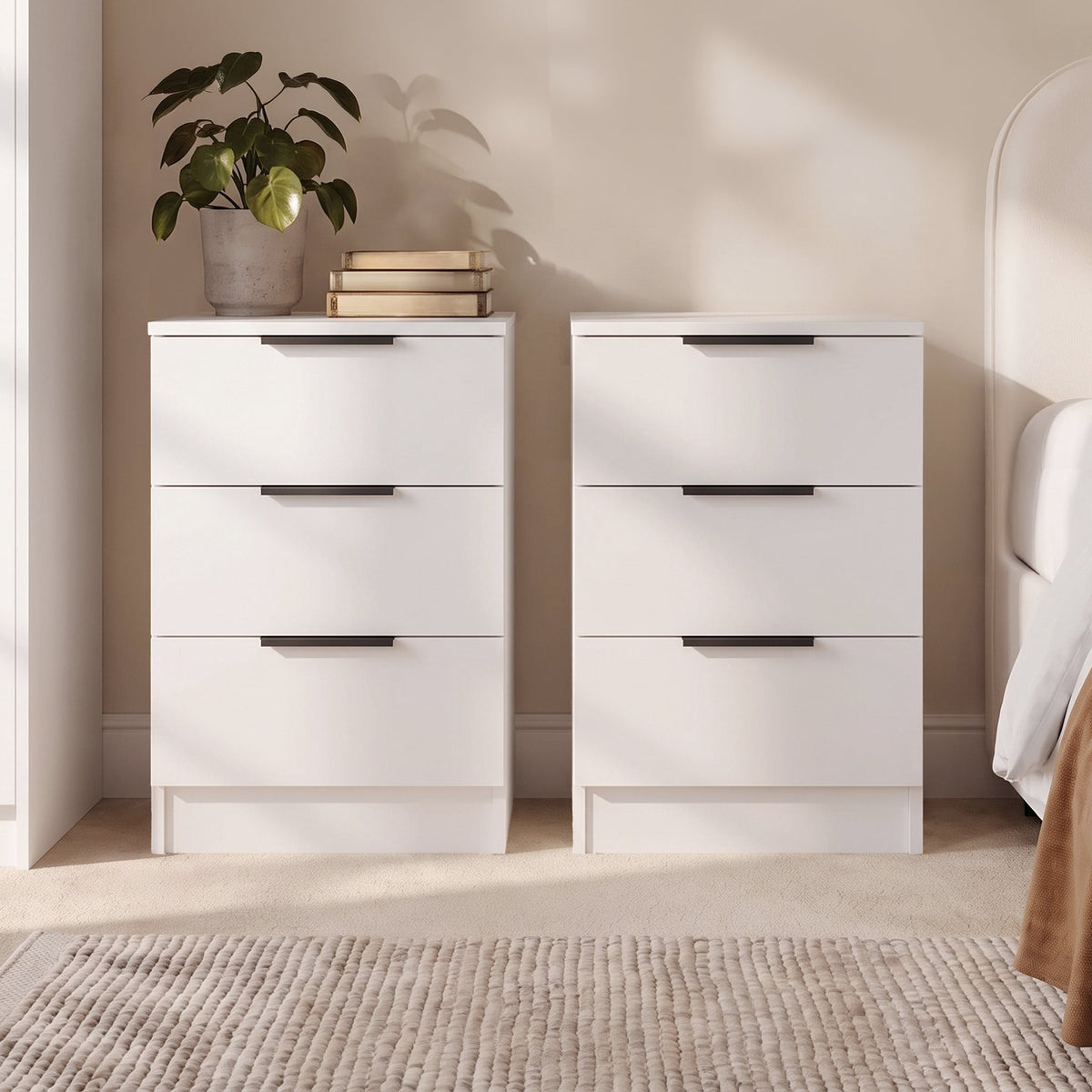 Essie 3 Drawer Bedside Table - Pure White - Set of 2