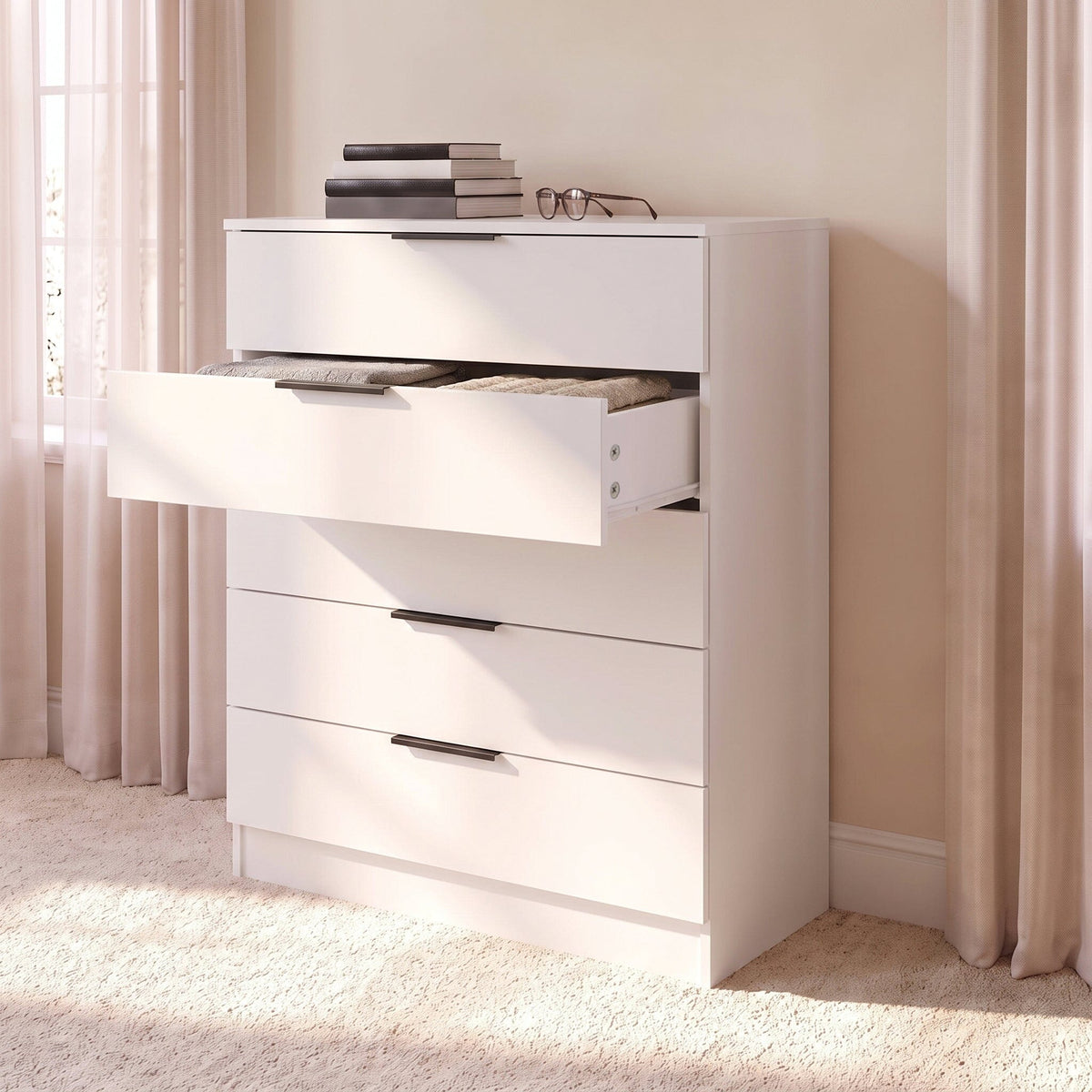 Essie 3 Piece Bedroom Set - 5 Chest of Drawers - Pure White