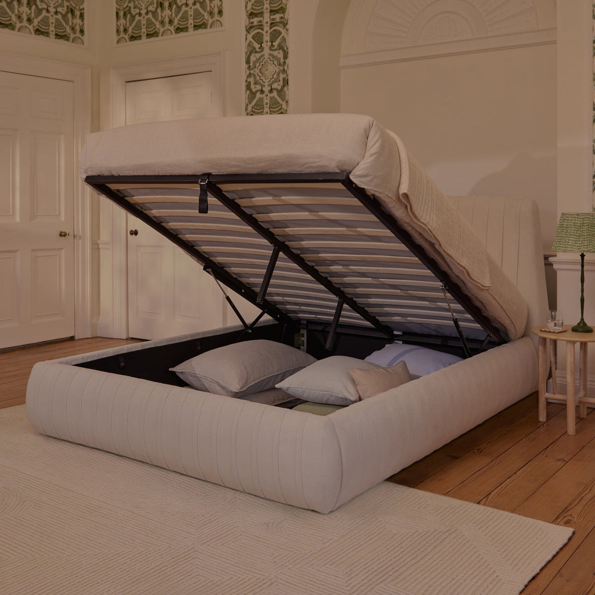 Etta King Ottoman Bed - Ivory Pleated