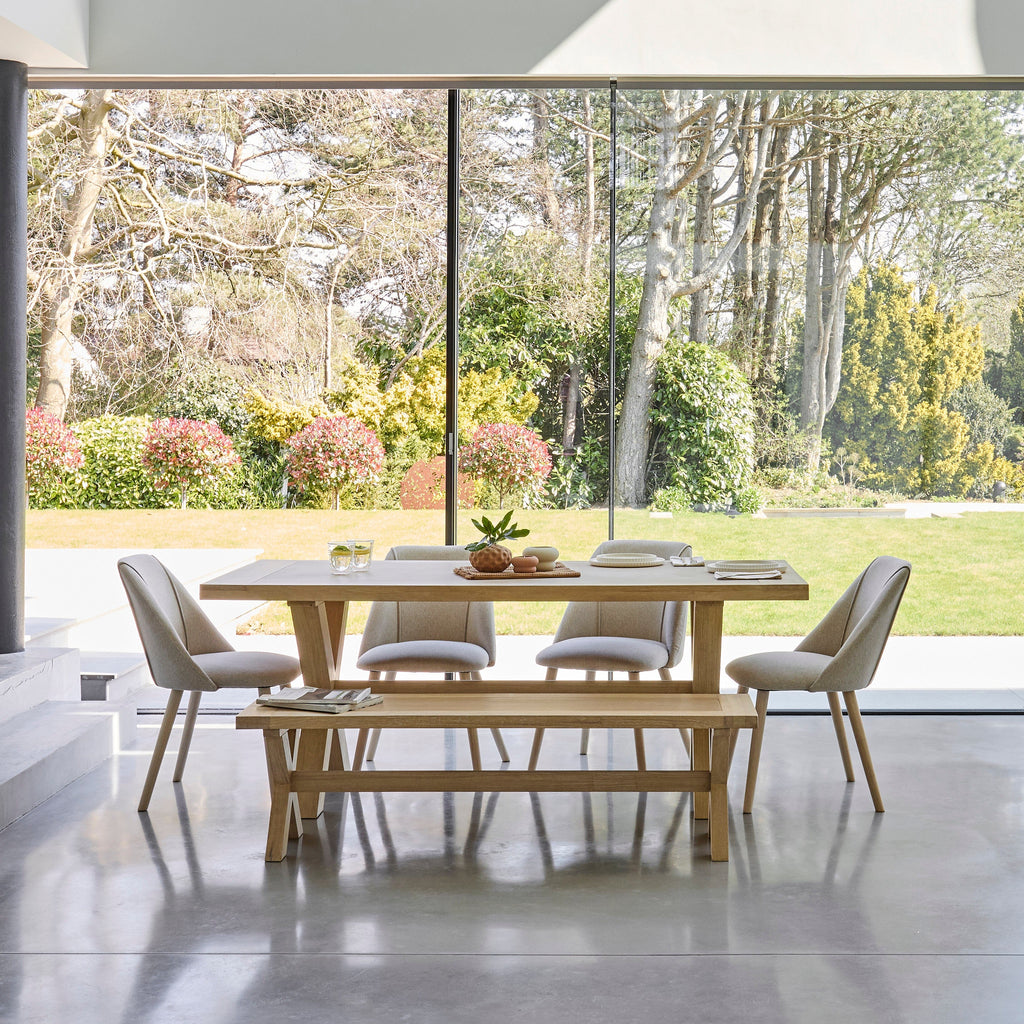 Charlotte Whitewash Dining Table Set - 6 Seater - Freya Sand Dining Chairs & Charlotte Bench