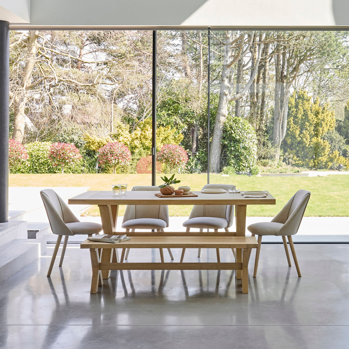 Charlotte Whitewash Dining Table Set - 6 Seater - Freya Sand Dining Chairs & Charlotte Bench