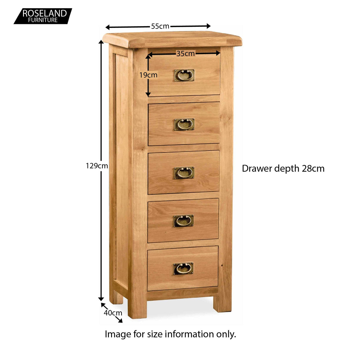 Zelah Oak 5 Drawer Tallboy Chest