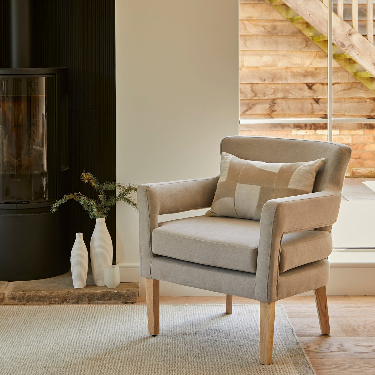 OUTLET - Grace Soft Beige Occasional Armchair - Whitewash Oak Legs