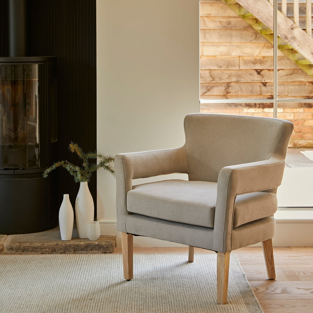 OUTLET - Grace Soft Beige Occasional Armchair - Whitewash Oak Legs