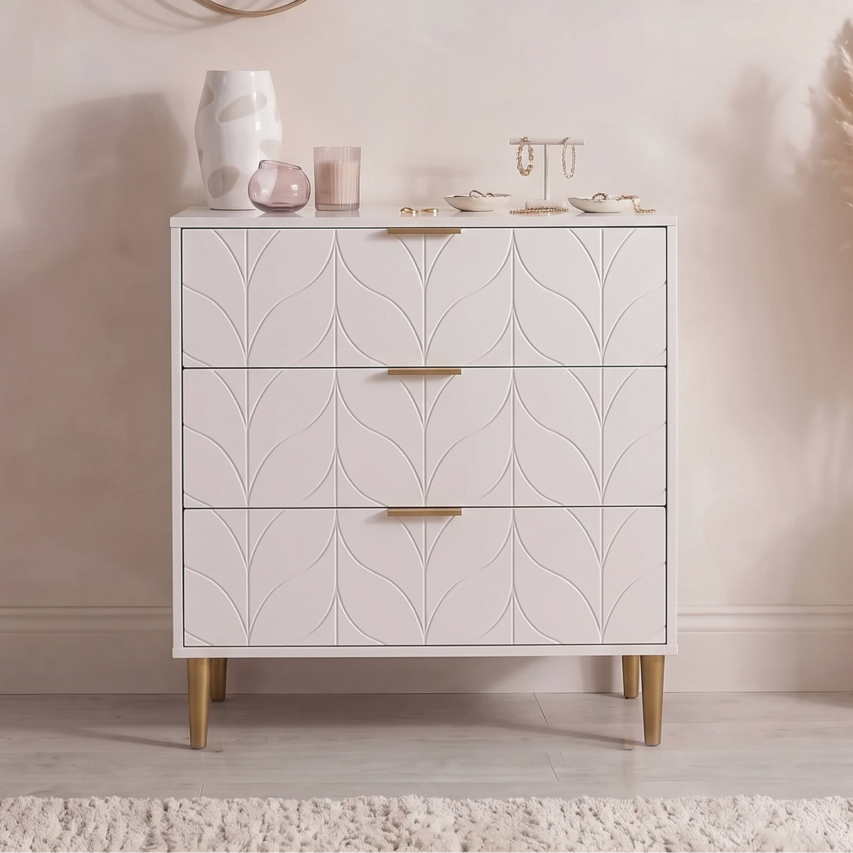 Gloria 3 Drawer Chest of Drawers - White & Brass Effect