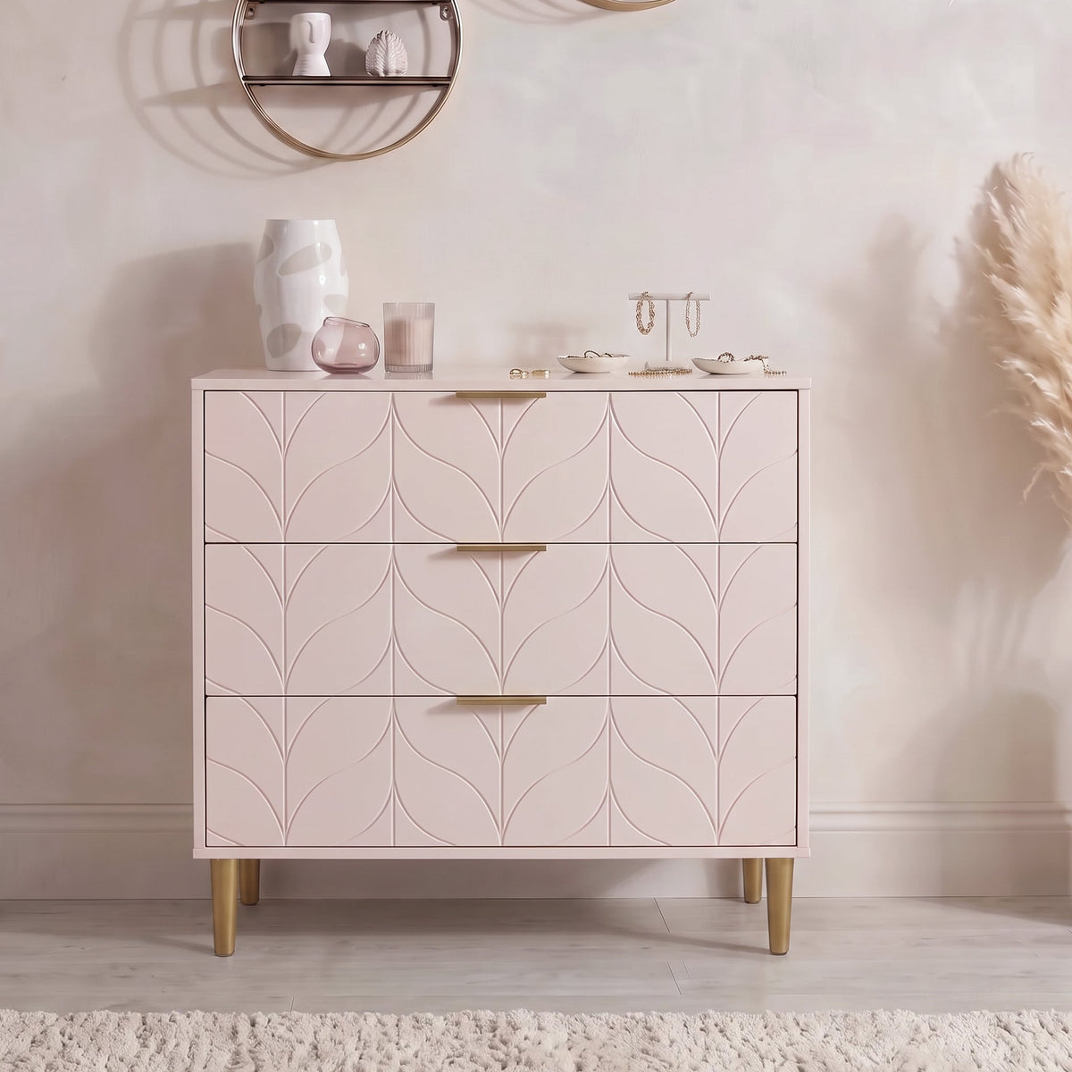 Set-Gloria Bedside Table - 3 Drawer Chest - Tallboy & Wardrobe - Blush Pink