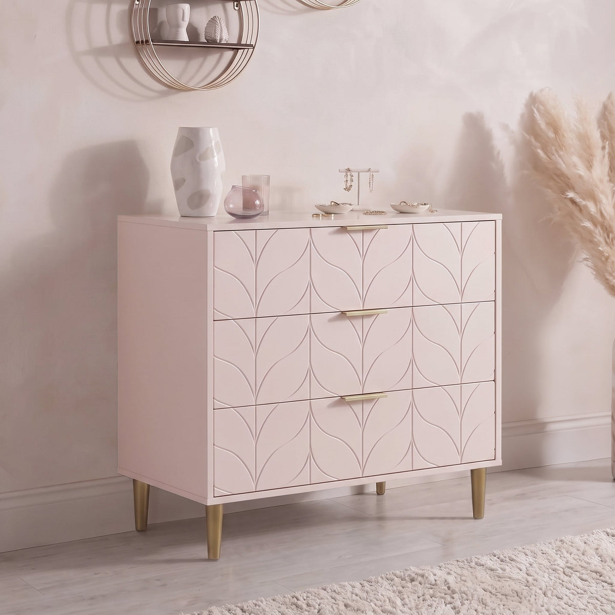 Gloria 3 Drawer Chest of Drawers - Blush Pink & Brass Effect