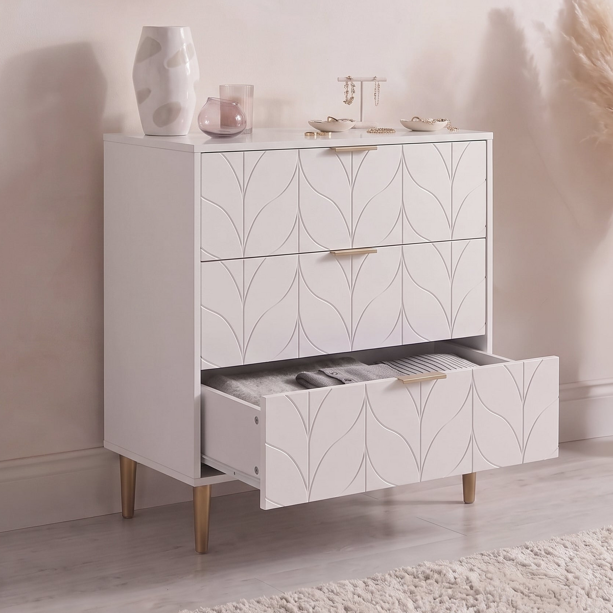 Gloria 3 Drawer Chest of Drawers - White & Brass Effect
