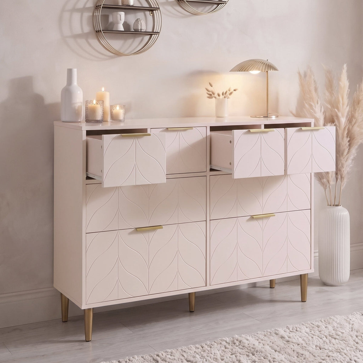 Gloria 8 Drawer Chest of Drawers - Blush Pink & Brass Effect