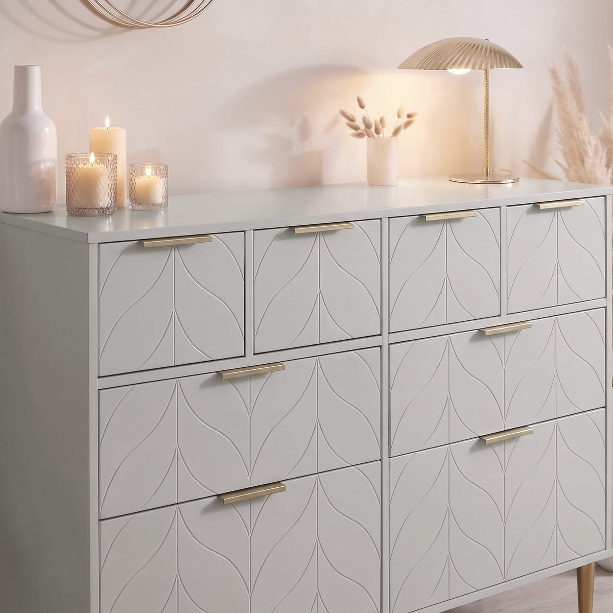 Gloria 8 Drawer Chest of Drawers - Grey & Brass Effect