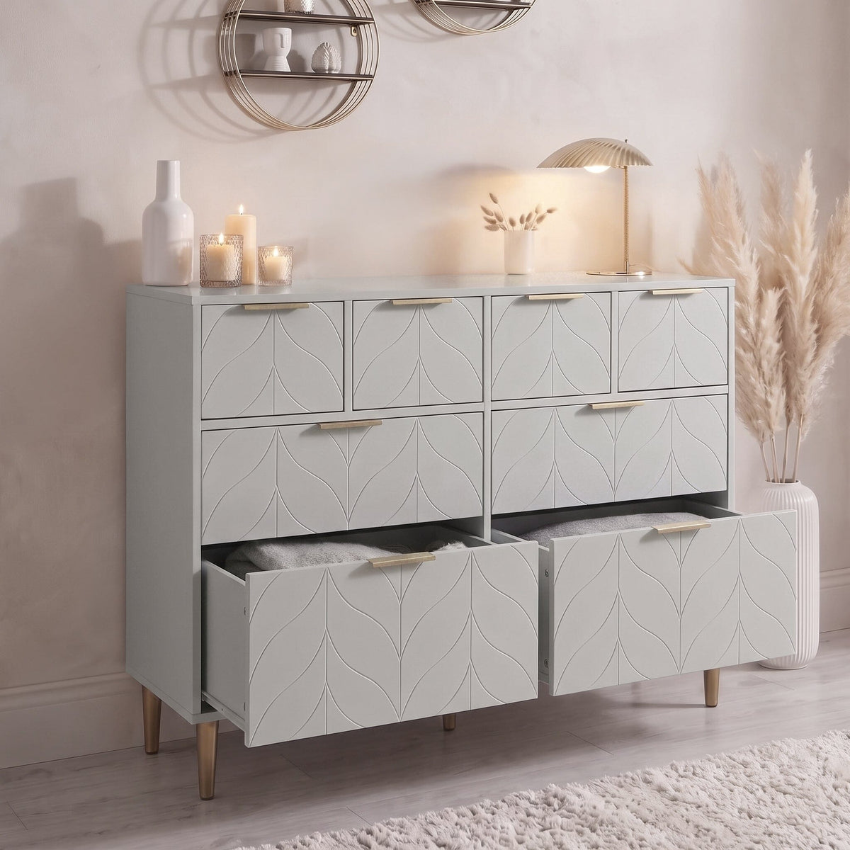 Gloria 8 Drawer Chest of Drawers - Grey & Brass Effect